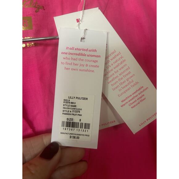 $138 NWT Lilly Pulitzer 100% Linen Hot Pink Barbie Short Puff Sleeve Blouse Sz 8 - Picture 5 of 12
